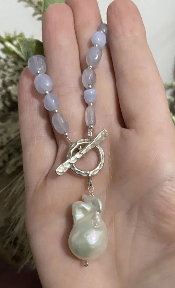 Mabe Pearl Blue Lace Agate necklace, Bohemian style necklace, Sustainable handmade jewelry,
