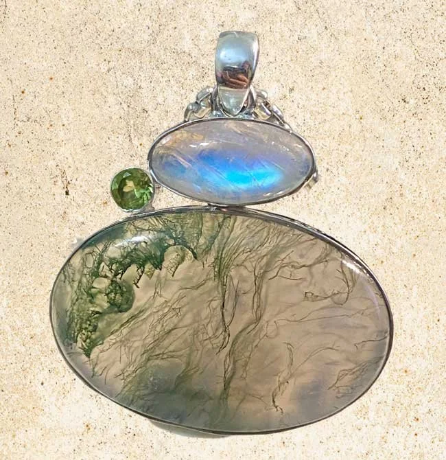 Sterling silver pendant with Moonstone, Moss Agate, and Peridot