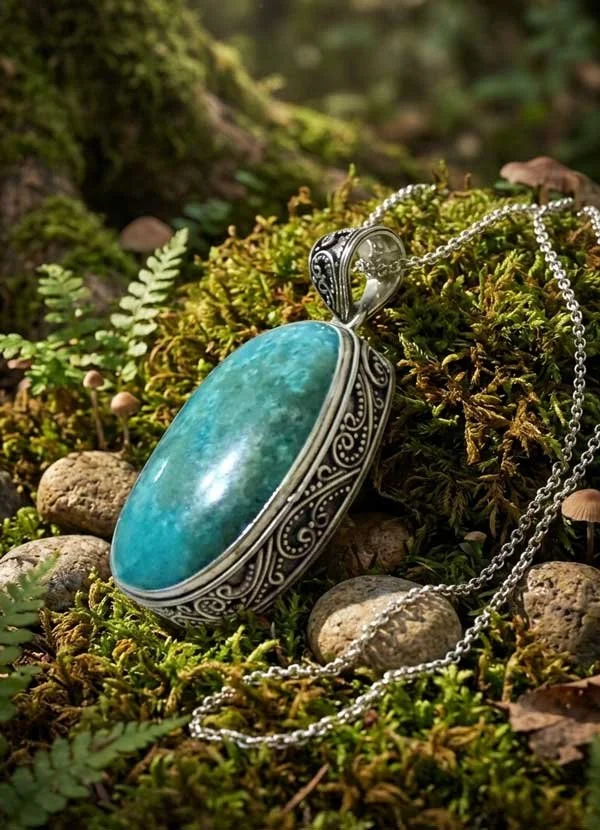 Large natural turquoise cabochon pendant set in sterling silver on layered boho necklaces