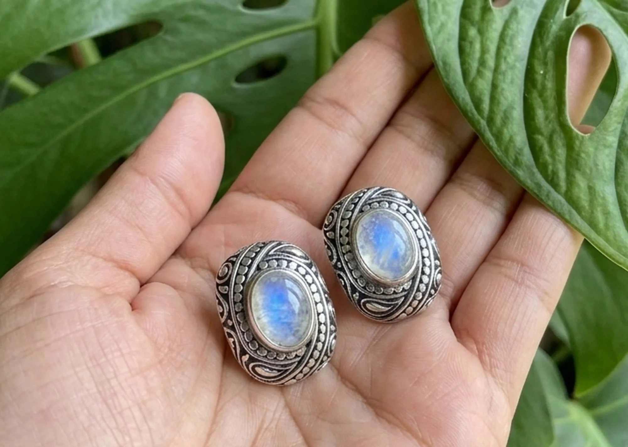 Oval moonstone sterling silver earrings with blue flash handcrafted artisan jewelry