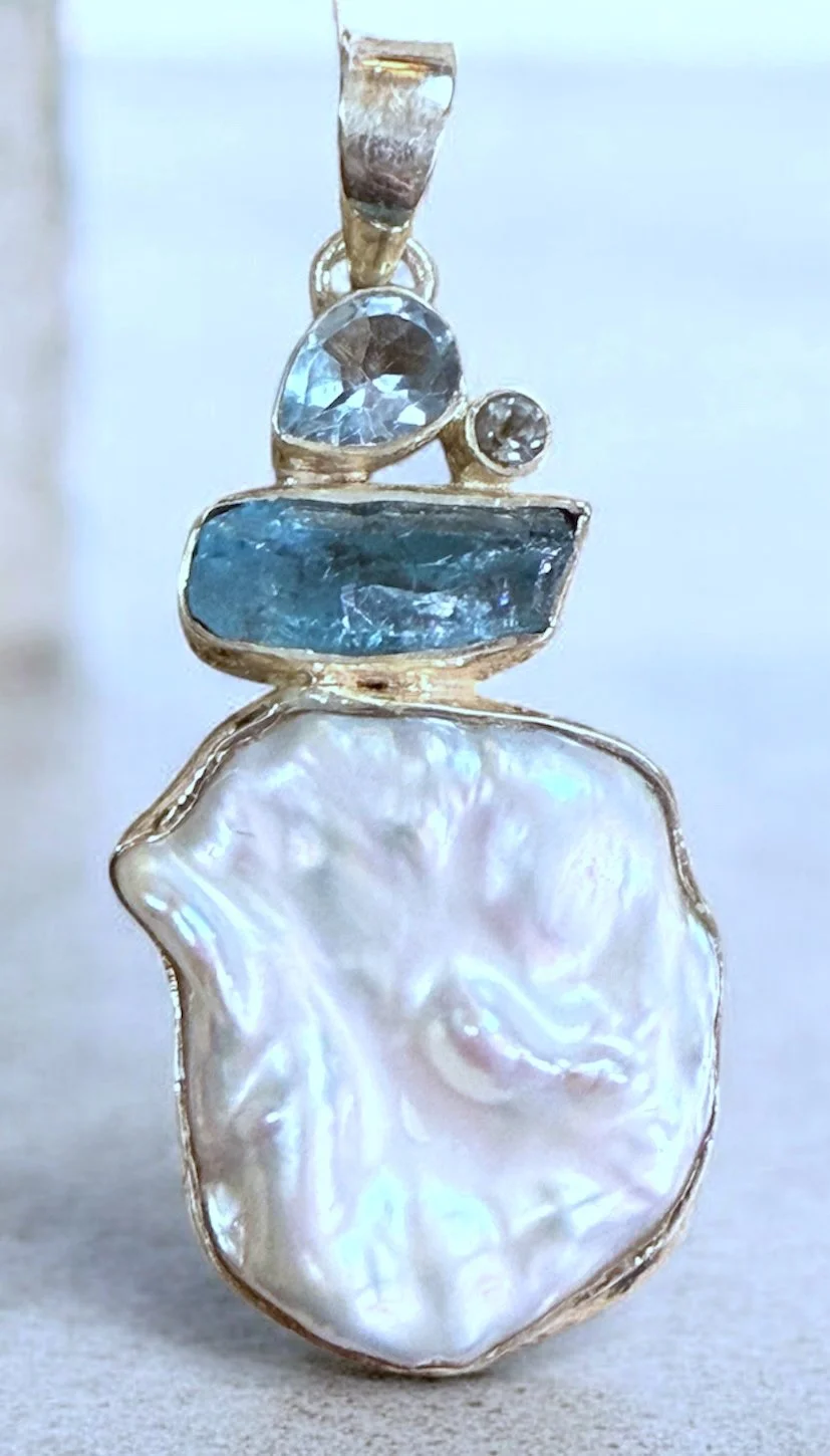 baroque pearl pendant, aquamarine pendant, apatite pendant, sterling silver jewelry, boho gemstone necklace, artisan jewelry, statement necklace