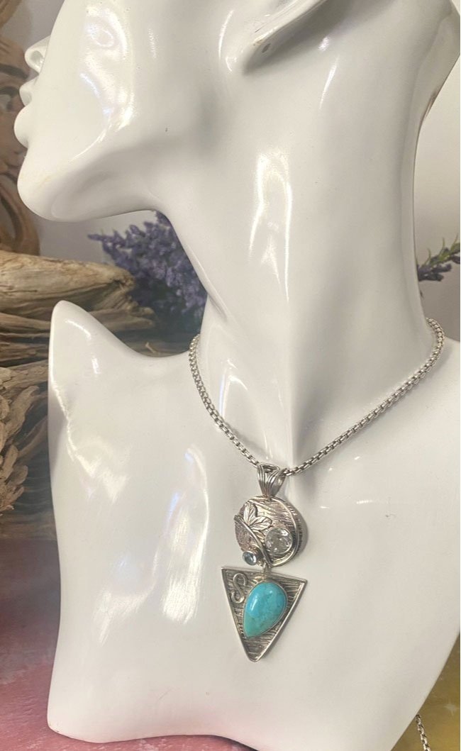 Sterling silver pendant Turquoise pendant Blue Topaz jewelry Clear Quartz necklace Artisan silver jewelry Bohemian pendant