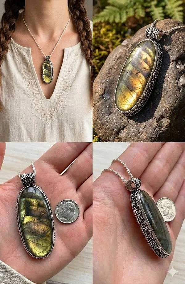 Golden flash labradorite pendant in sterling silver artisan setting on silver chain, handcrafted boho gemstone necklace