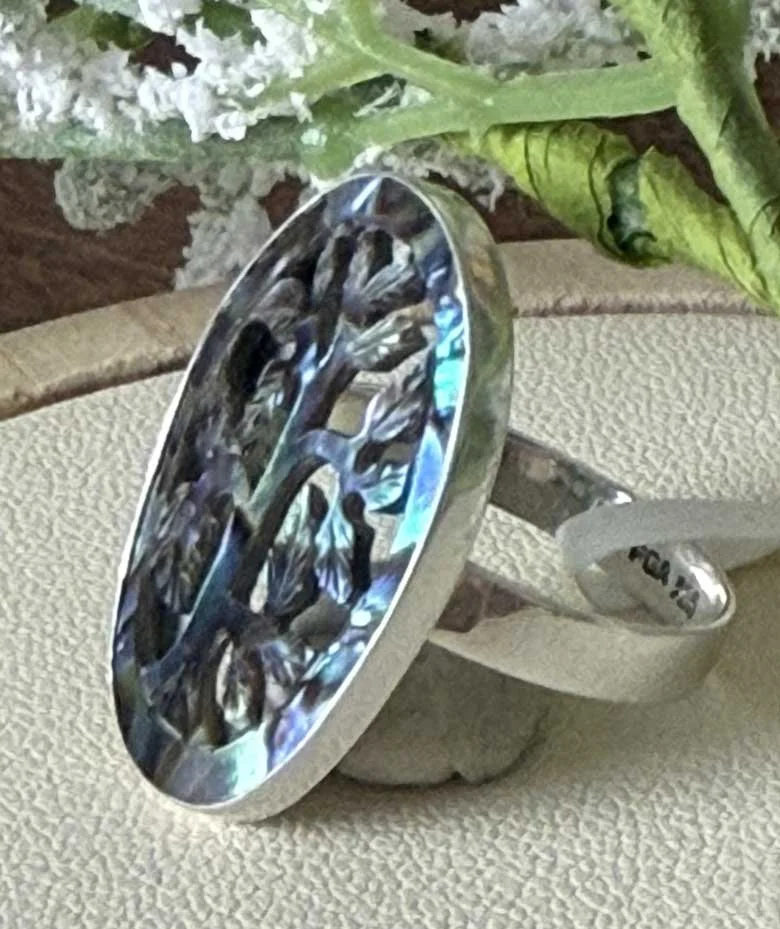 Sterling silver Tree of Life ring with abalone shell inlay