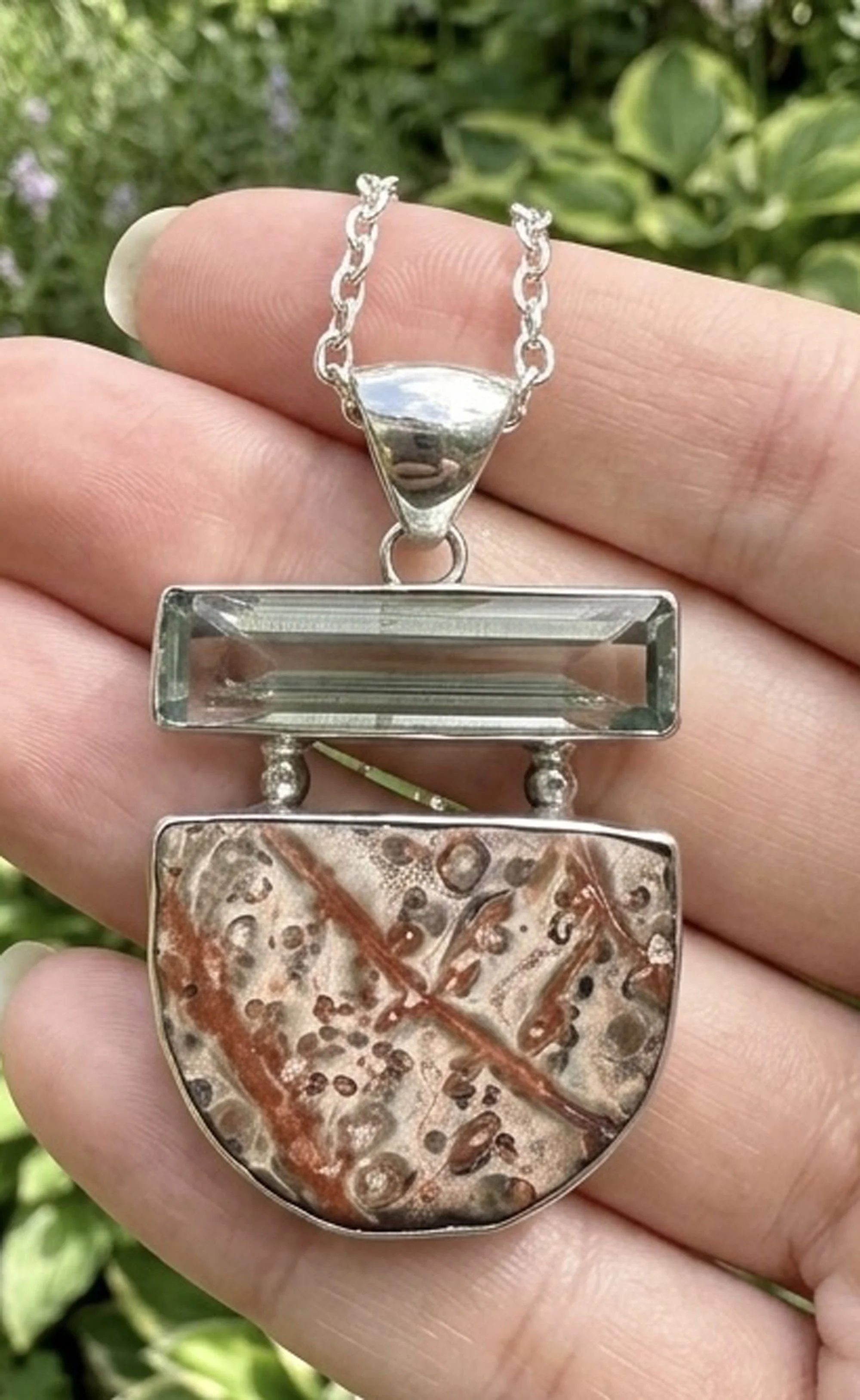 Boho artisan gemstone necklace featuring natural Red Jasper and Blue Obsidian set in sterling silver