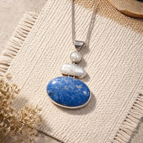 Lapis and pearl pendant set in sterling silver