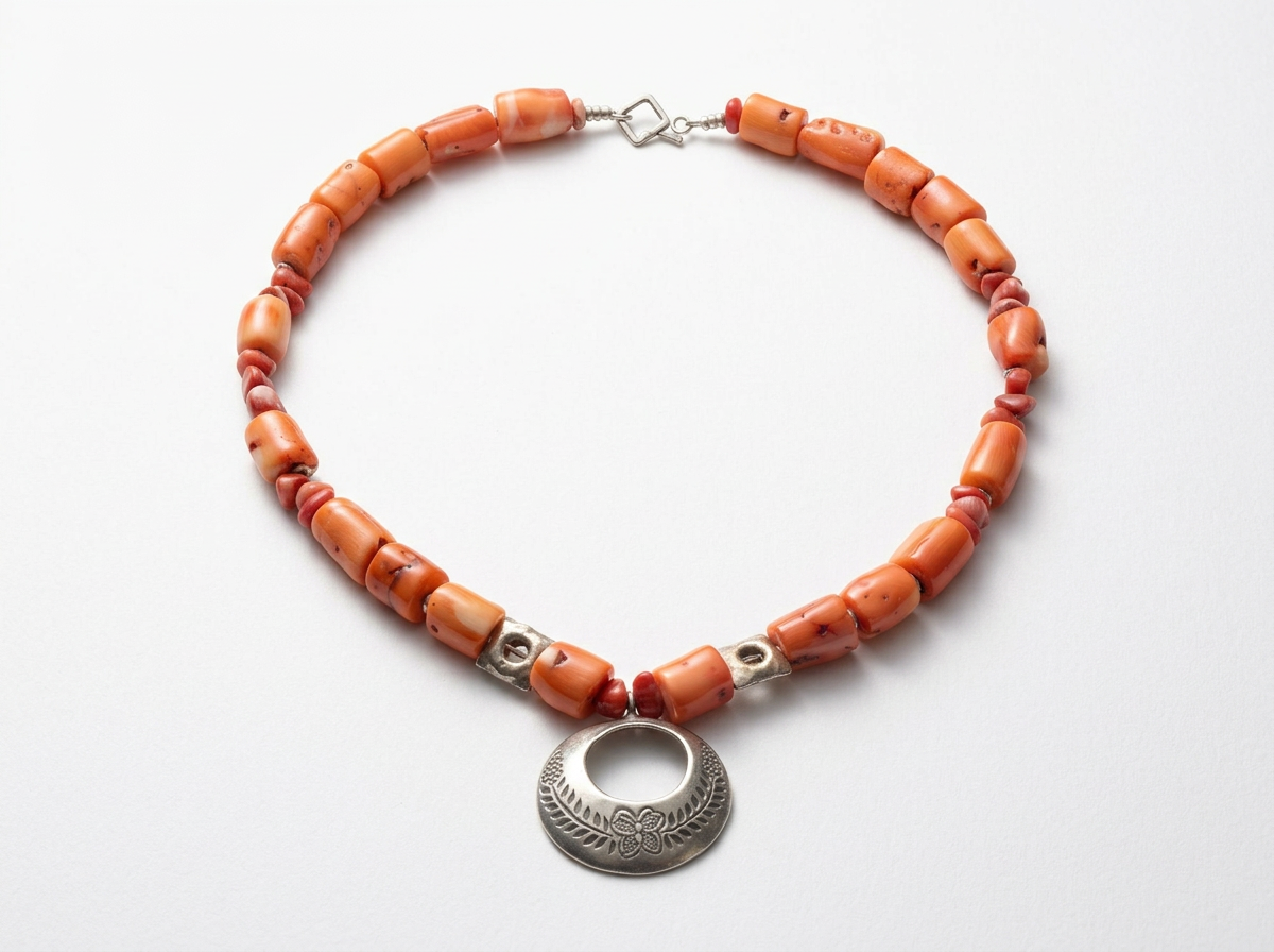Close-up of orange coral beads and sterling silver floral pendant”