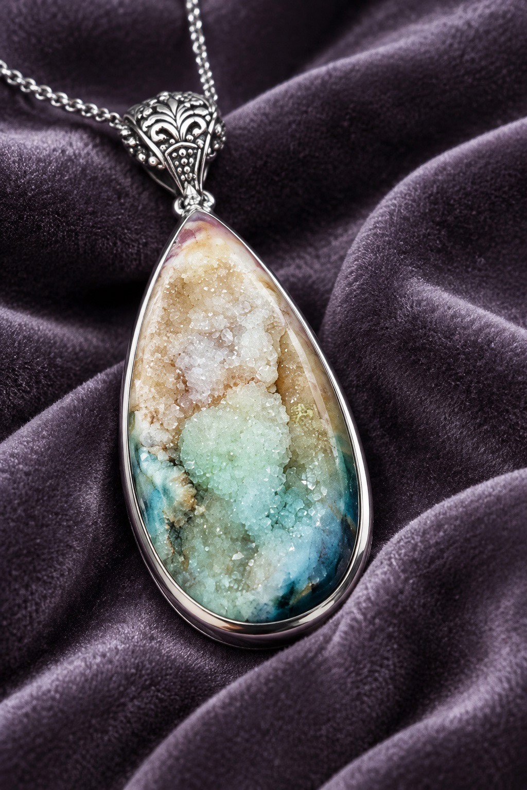 New Zealand Druzy sterling silver pendant handmade in Bali with natural blue green cream crystal formations