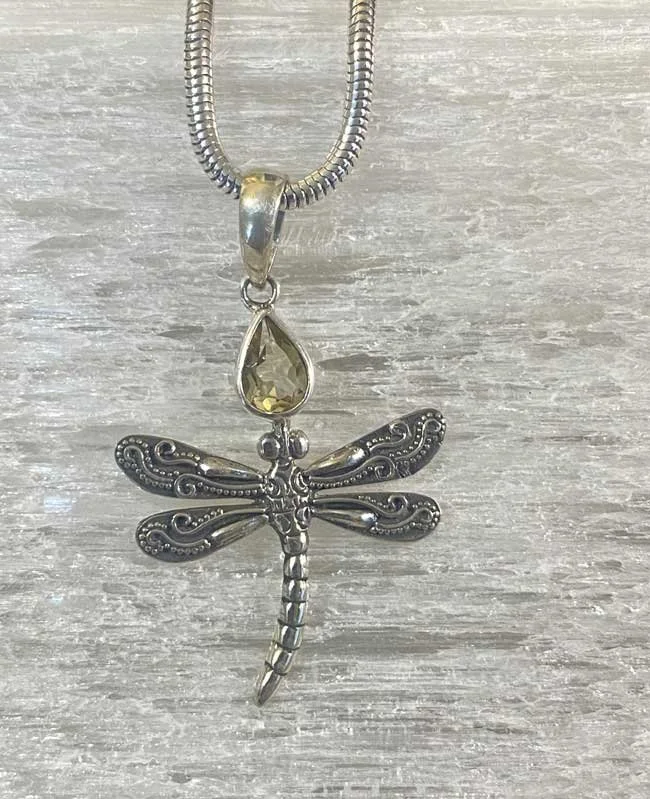 Unique Gemstone Jewelry  Sterling Silver Dragonfly Earrings  Natural Citrine Necklace  Artisan Crafted Silver Jewelry  Positive Energy Jewelry