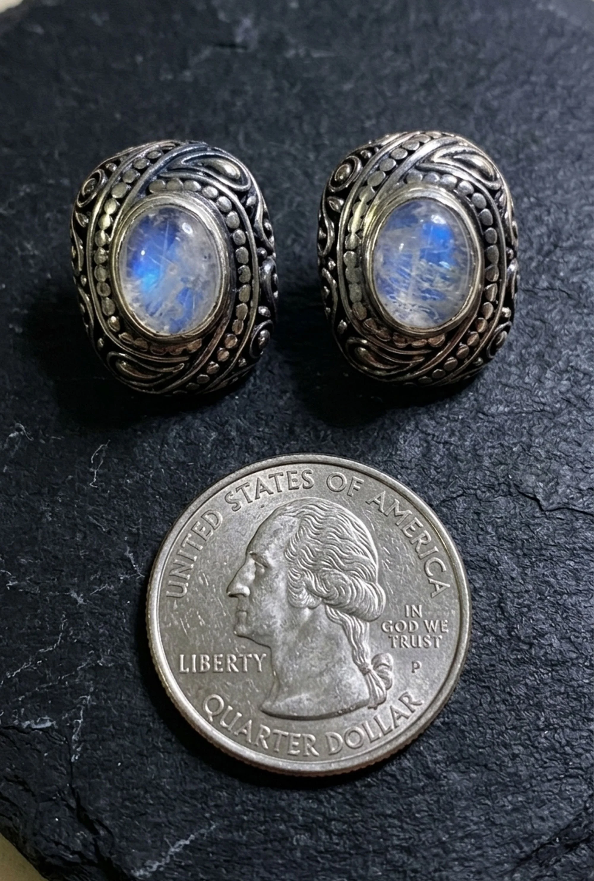 Detailed moonstone sterling silver earrings artisan handcrafted statement studs