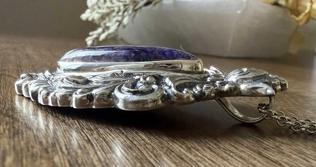 Handcrafted sterling silver Purple Jasper pendant necklace with ornate Boho design