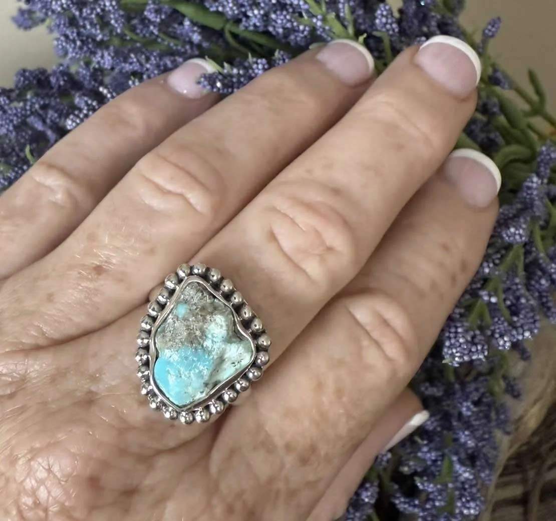 raw turquoise, boho silver ring, handmade jewelry Bali, artisan gemstone ring,