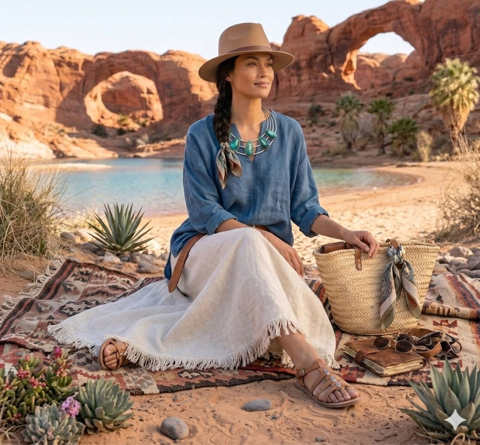 Chrysocolla statement collar necklace worn in boho desert style outfit handcrafted sterling silver artisan gemstone jewelry