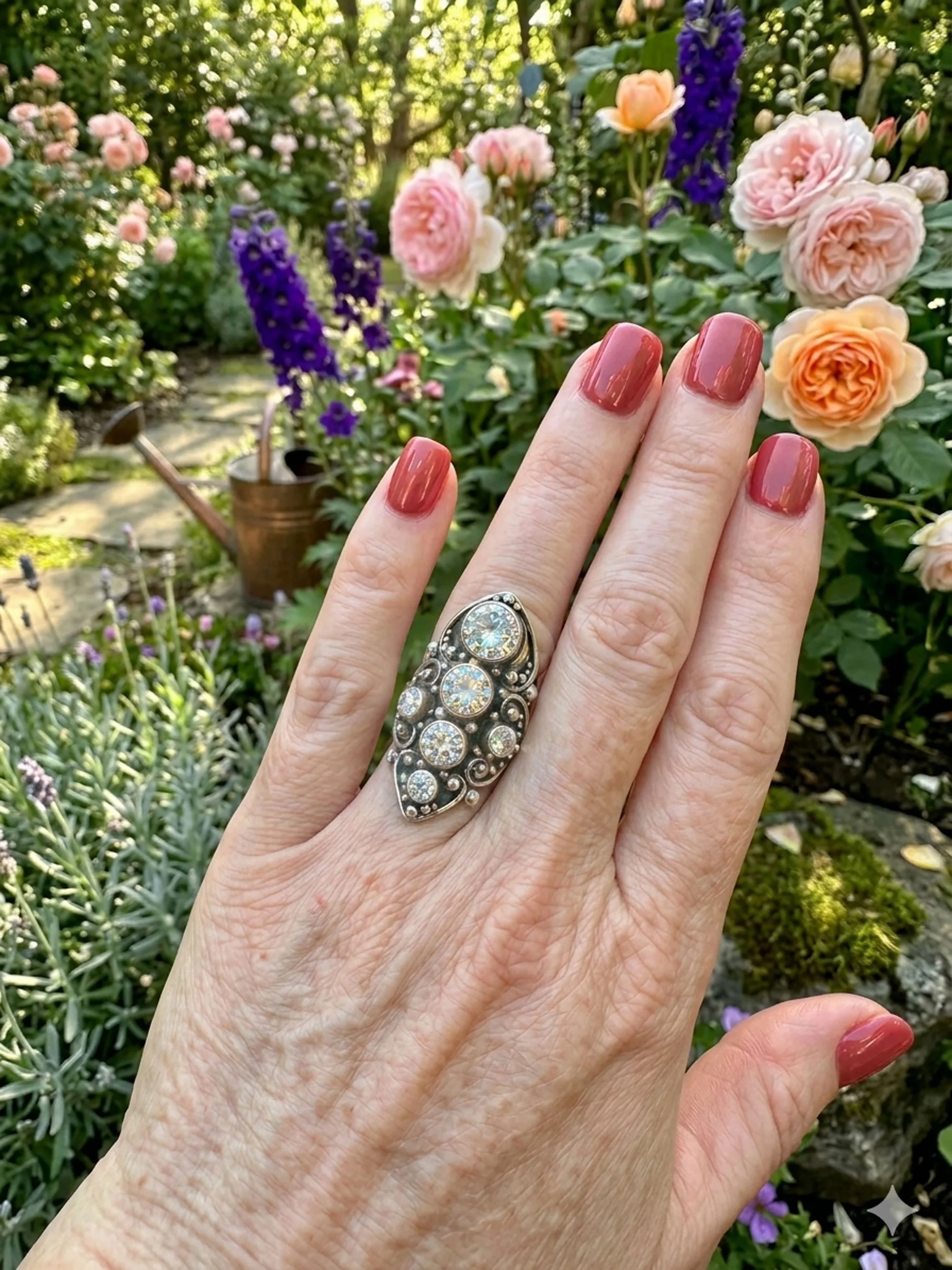 Elegant sterling silver and Zircon statement ring with intricate filigree details worn on hand in blooming rose garden
