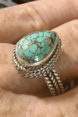 Handmade sterling silver turquoise ring with braided band, artisan jewelry from Bali, boho gemstone ring for women