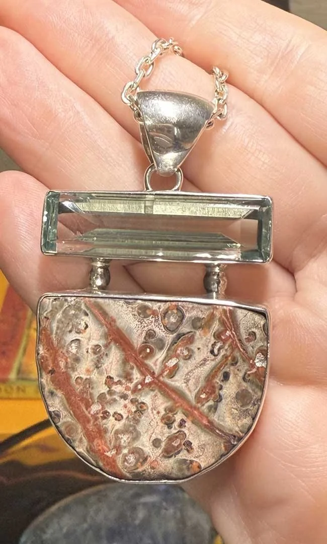 Boho artisan gemstone necklace featuring natural Red Jasper and Blue Obsidian set in sterling silver