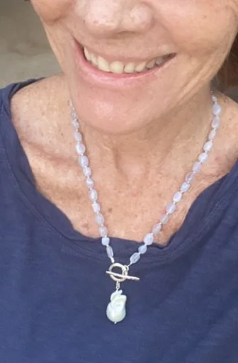 Mabe Pearl Blue Lace Agate necklace, Bohemian style necklace, Sustainable handmade jewelry,