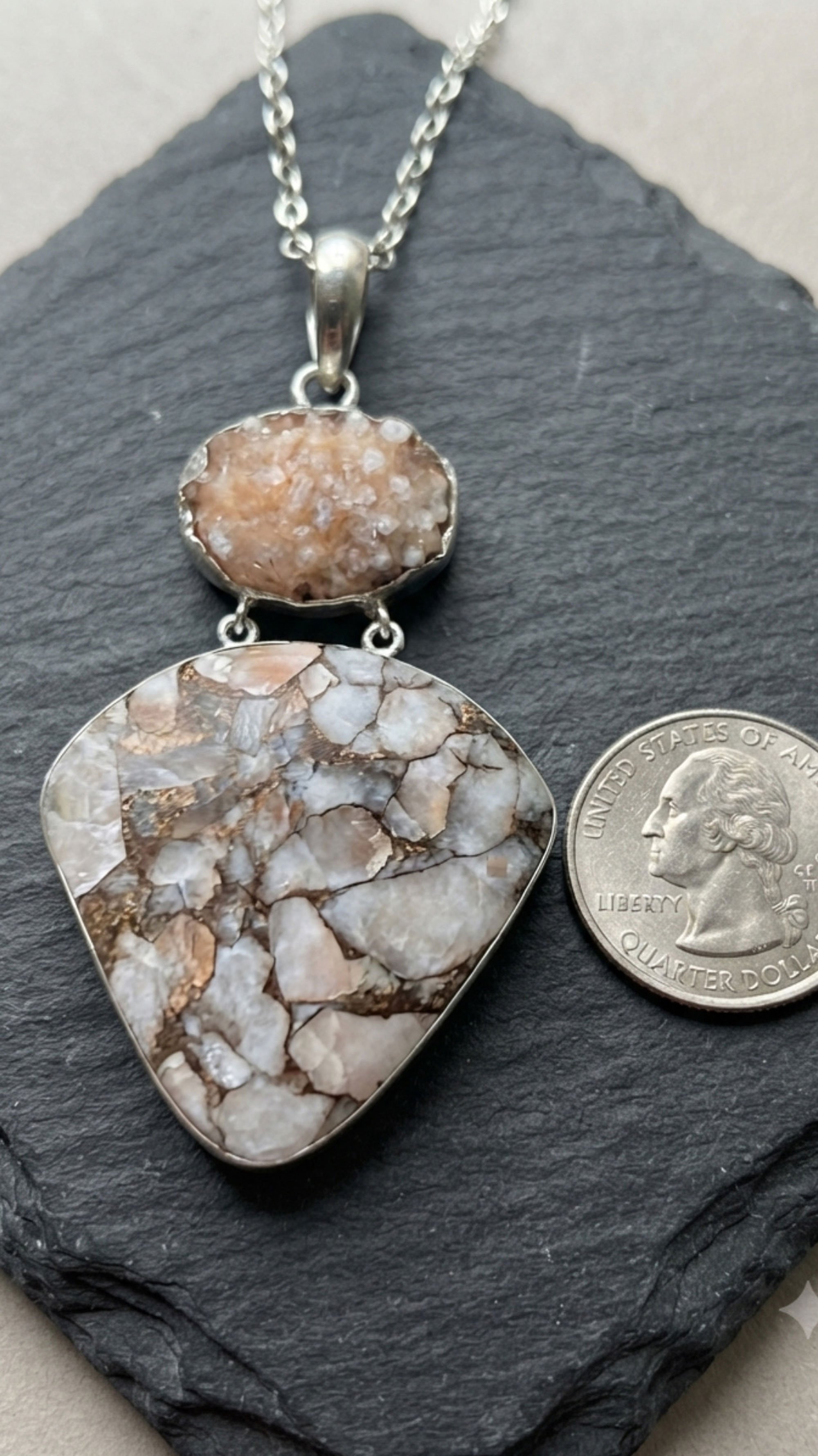 Natural Calcite sterling silver pendant with quarter for scale