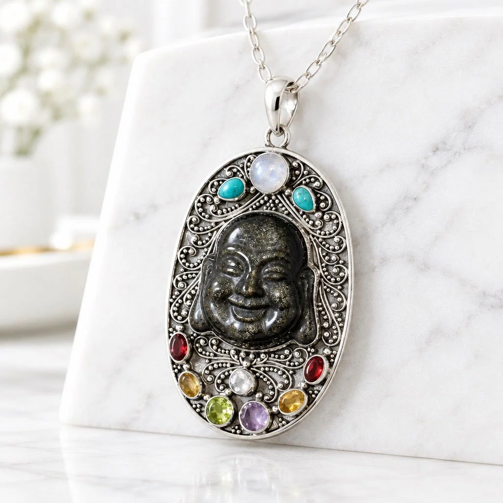 Carved black obsidian smiling Buddha pendant with colorful gemstones and ornate silver detailing