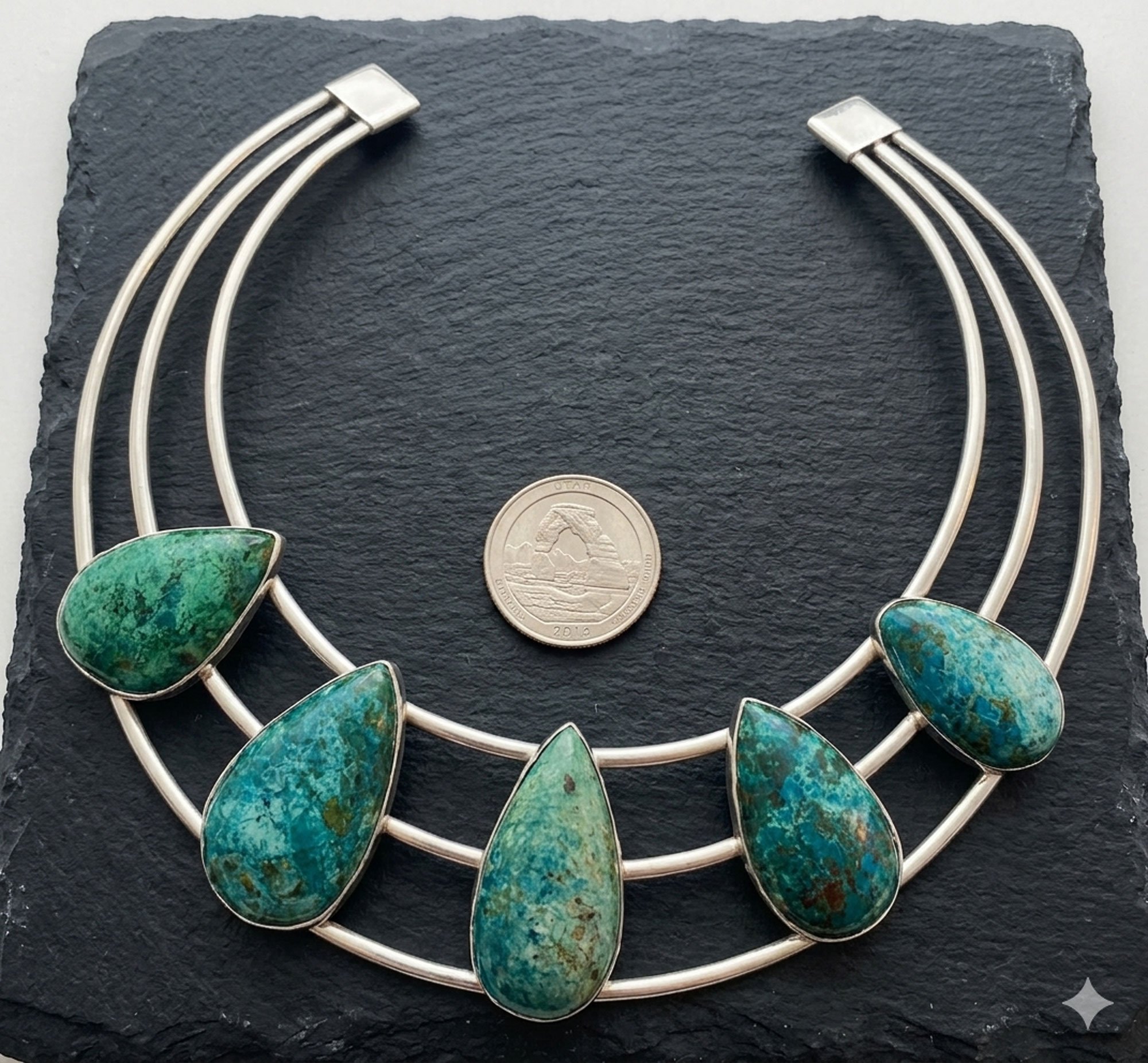 Chrysocolla statement collar necklace handcrafted in sterling silver with five teardrop natural turquoise stones artisan jewelry