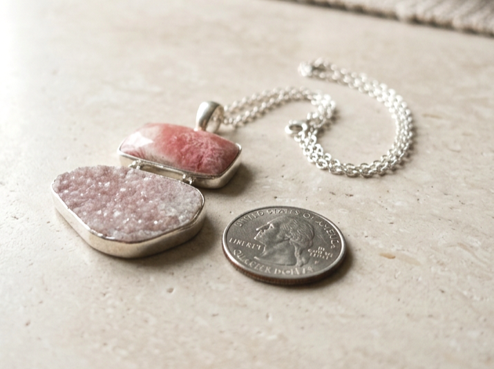 Pink rhodochrosite and druzy sterling silver statement pendant