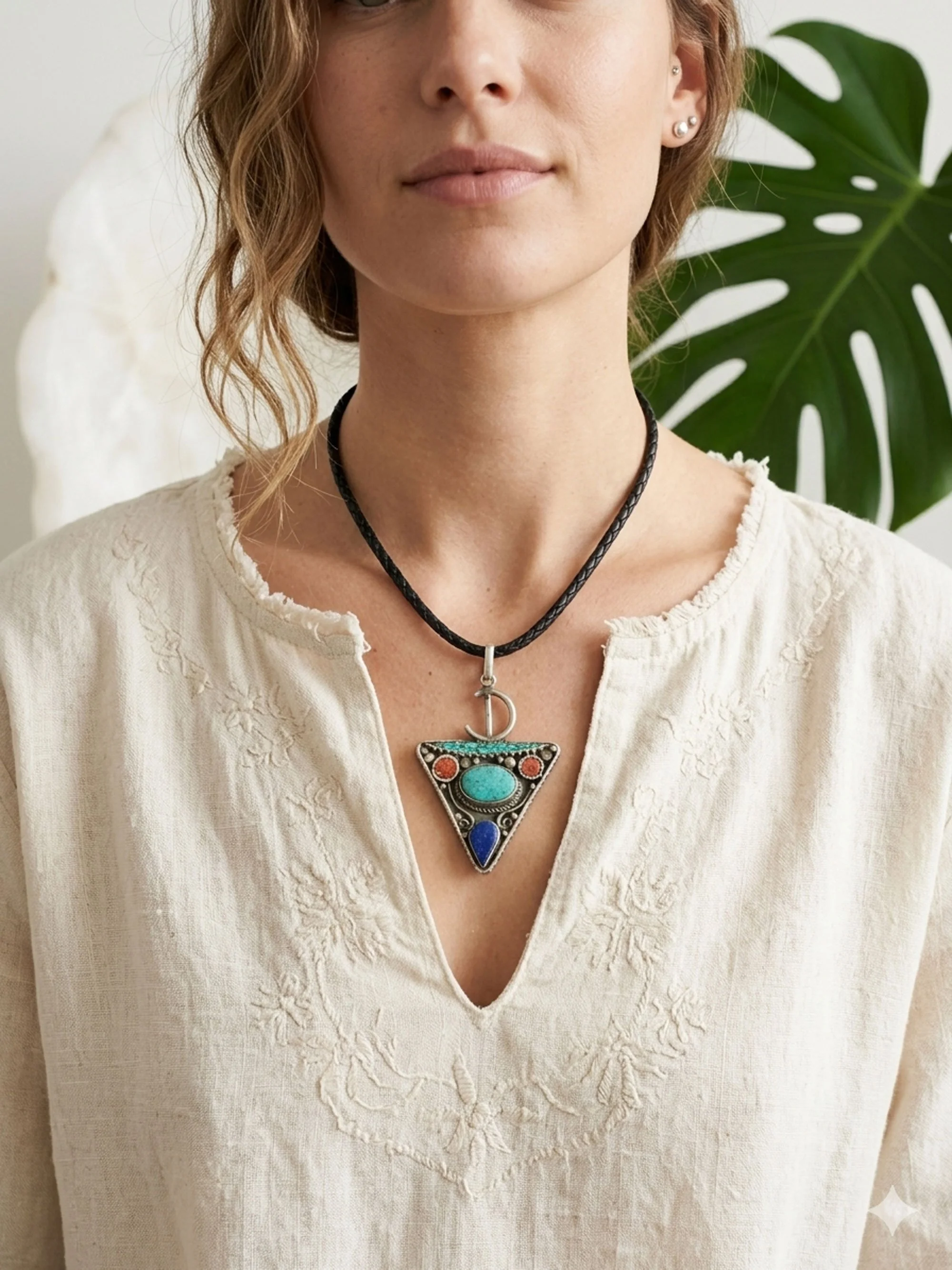 Woman wearing sterling silver boho pendant necklace with turquoise and artisan gemstones.