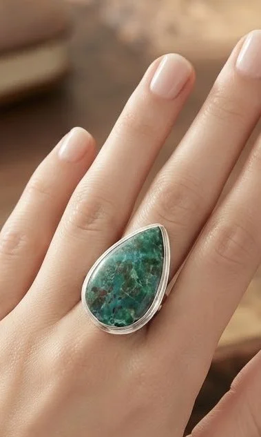 Natural Chrysocolla sterling silver statement ring size 9 with teardrop blue green gemstone shown on hand
