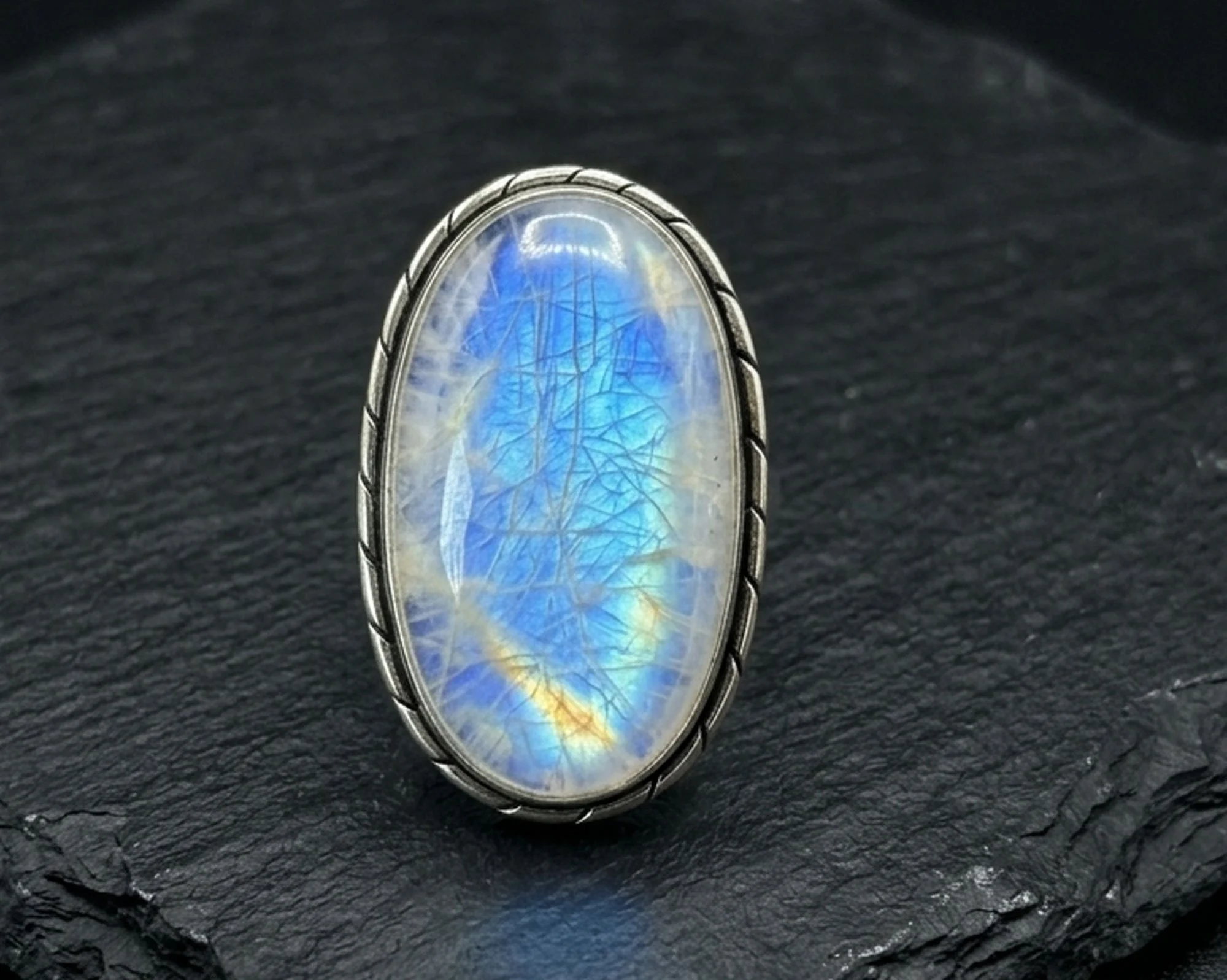 Rainbow moonstone statement ring in sterling silver artisan handcrafted gemstone jewelry