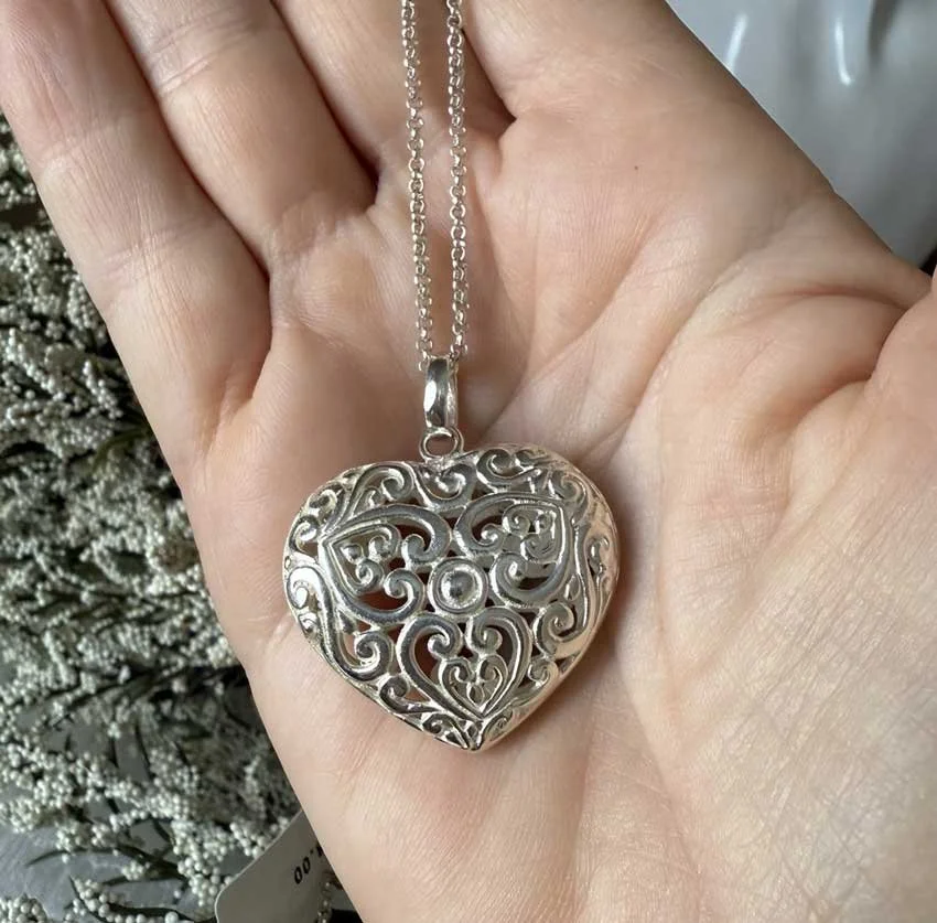 Boho style sterling silver heart pendant handmade with intricate design