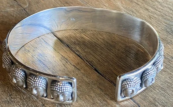 Tranquil Buddha cuff, Artisan silver bracelet, Spiritual healing bracelet, Mindful jewelry design, Boho Buddha cuff, Buddha head bracelet