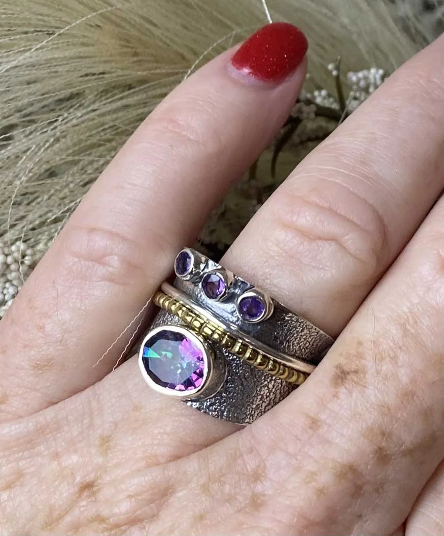 mystic topaz and amethyst sterling silver gemstone ring