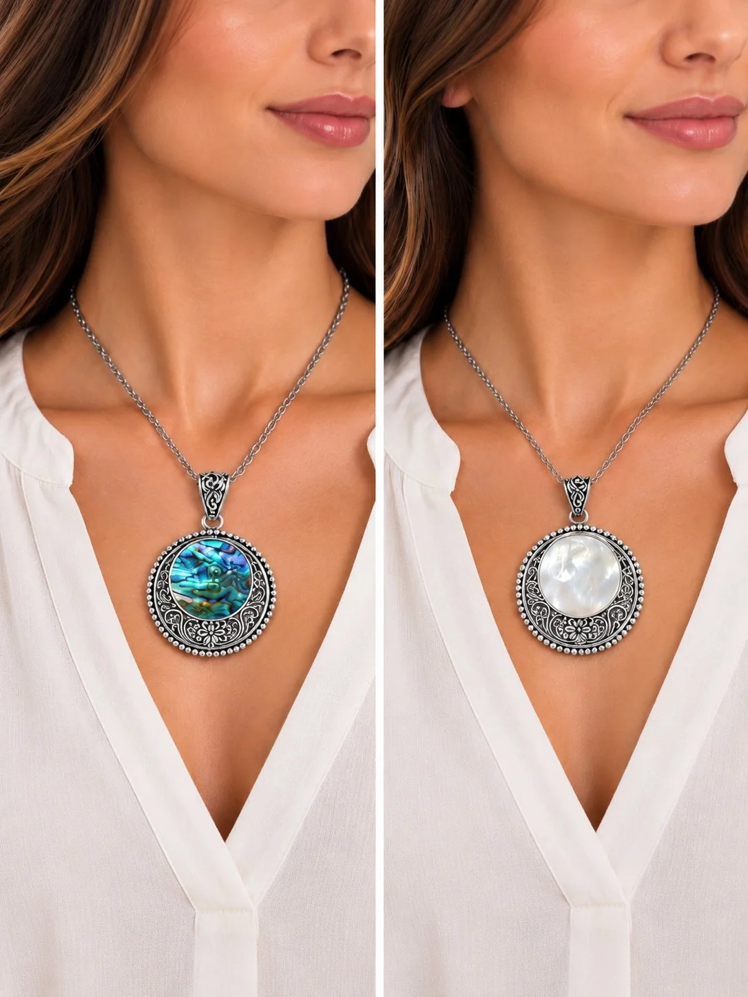 Abalone and Mother of Pearl double sided pendant Sterling Silver on model