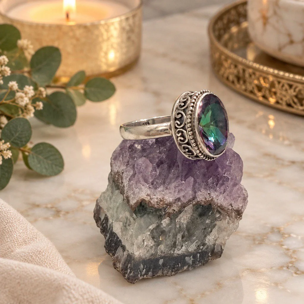 Mystic Topaz sterling silver statement ring displayed on amethyst crystal, highlighting ornate silver setting and colorful gemstone.