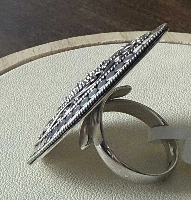Handmade Sacred Mandala sterling silver statement ring with intricate Balinese filigree teardrop design, boho artisan jewelry by Chantek Designs”