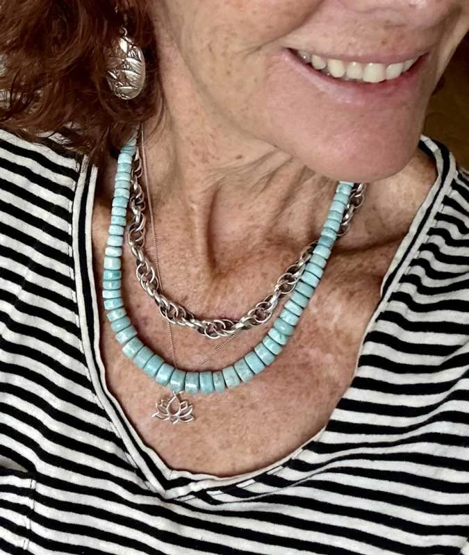 Larimar Beaded Necklace – Genuine Rondelle & Nugget Gemstones | Boho Ocean-Inspired Jewelry