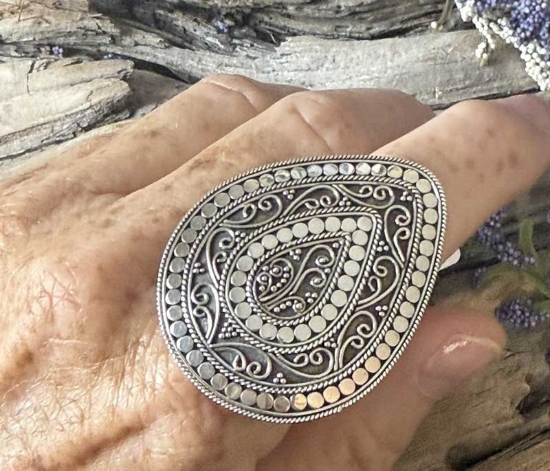Handmade Sacred Mandala sterling silver statement ring with intricate Balinese filigree teardrop design, boho artisan jewelry by Chantek Designs”