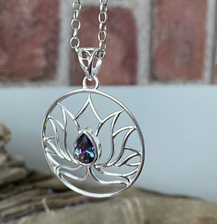 Mystic Topaz Pendant, Lotus Flower Pendant, Sterling Silver Jewelry, Boho Jewelry, Spiritual Jewelry, Handcrafted Artisan Jewelry, Gemstone Necklace,
