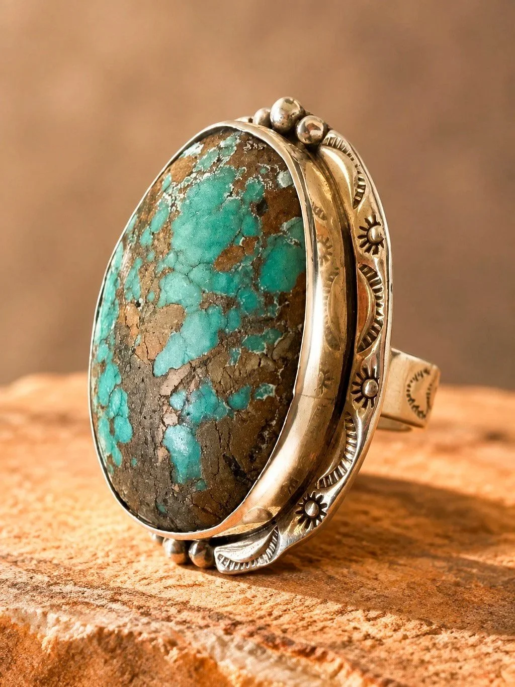 Natural turquoise ring with brown matrix and stamped sterling silver sunburst detailing