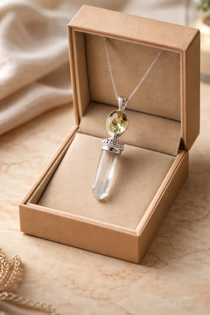 Sterling silver lemon quartz and clear quartz pendant.