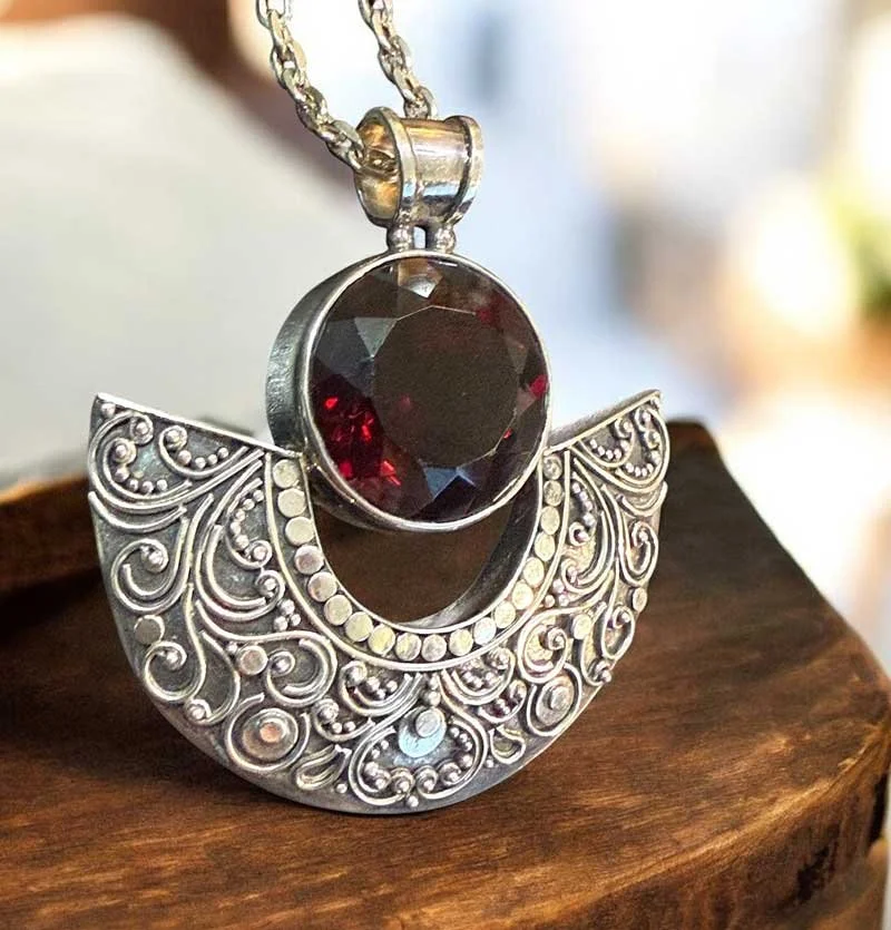 garnet pendant, sterling silver pendant, Bali jewelry, boho gemstone pendant, handcrafted silver, red garnet jewelry,