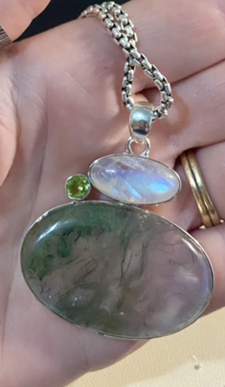 Sterling silver pendant with Moonstone, Moss Agate, and Peridot