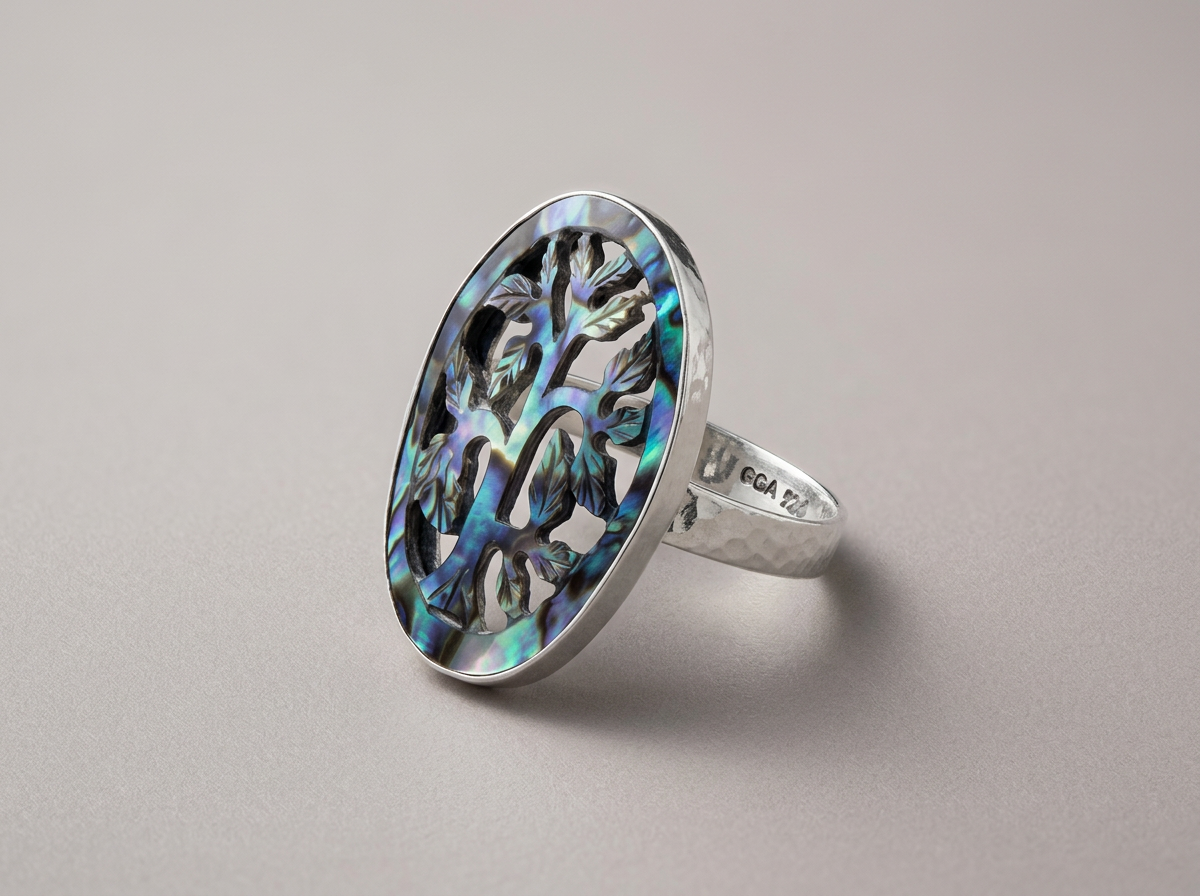 Sterling silver Tree of Life ring with abalone shell inlay