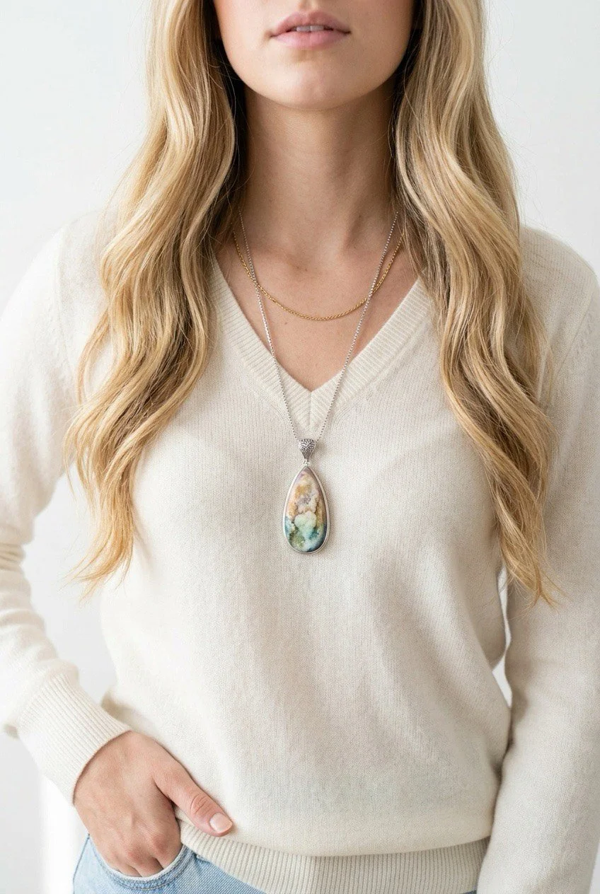 New Zealand Druzy gemstone pendant necklace handmade in Bali shown worn on model