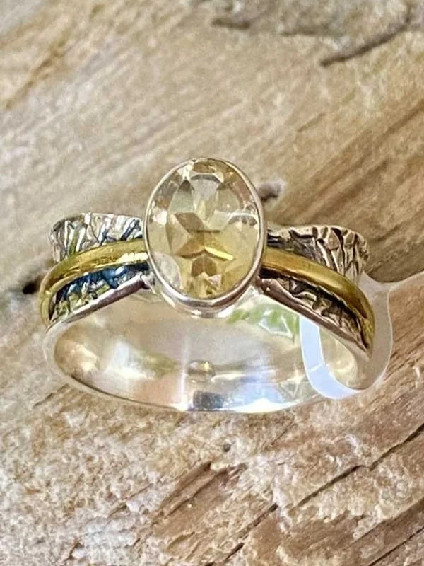 Sterling Silver, Citrine and brass spinner ring, meditation ring, fidget spinner