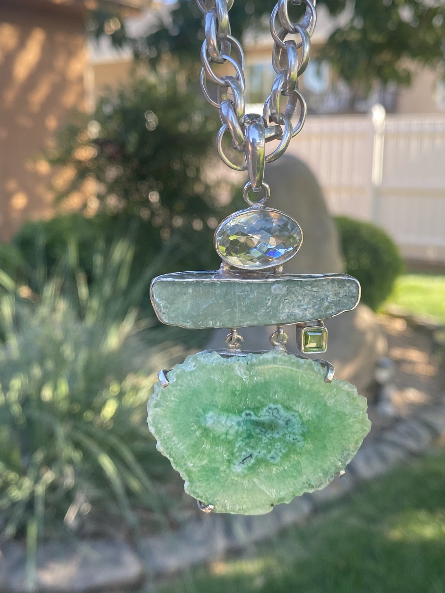Sterling silver pendant Boho jewelry Faceted green amethyst Raw kyanite Solar quartz pendant