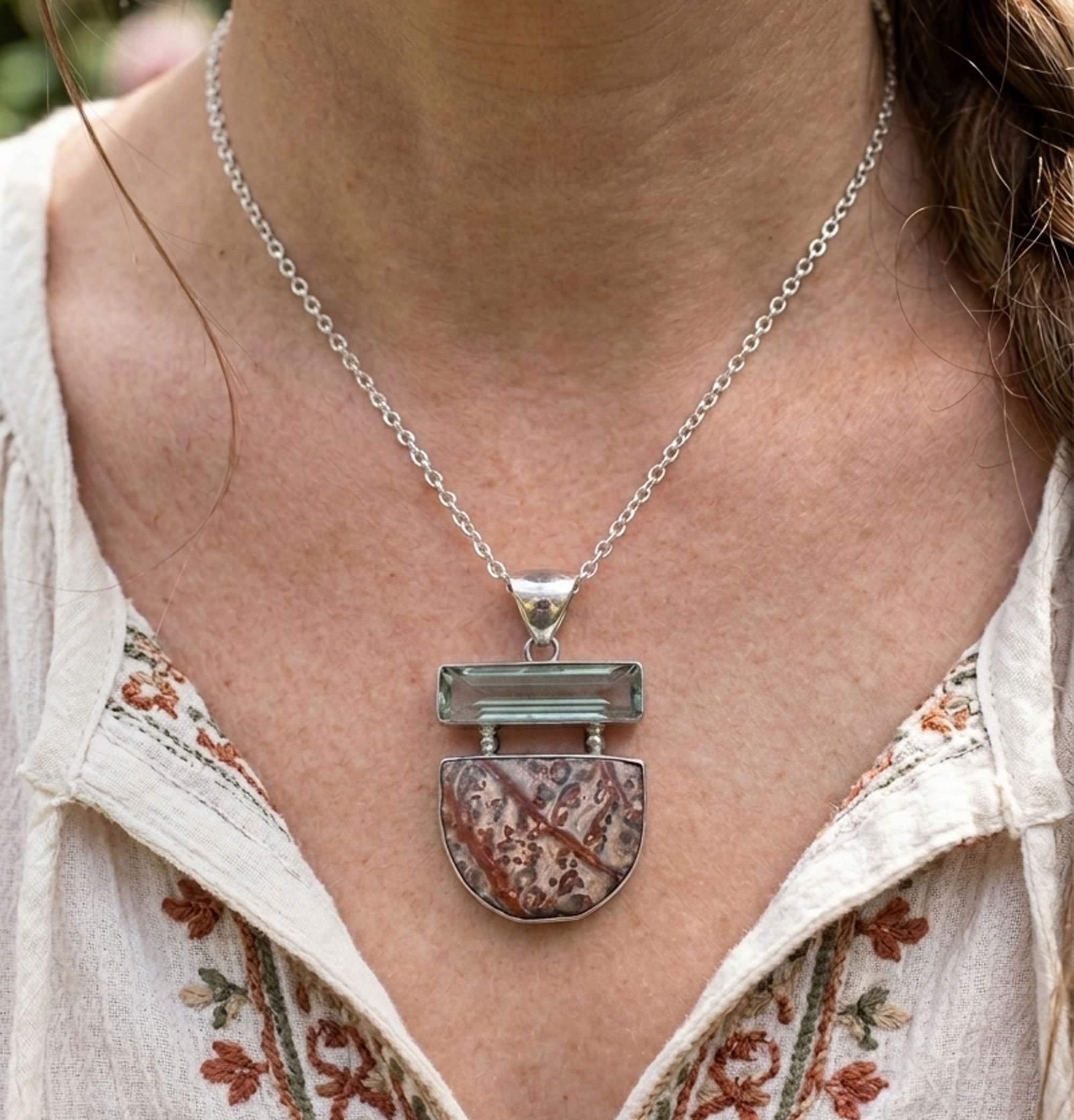 Boho artisan gemstone necklace featuring natural Red Jasper and Blue Obsidian set in sterling silver