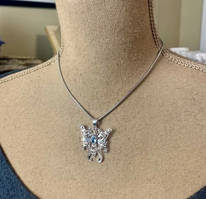 sterling silver and blue topaz Butterfly pendant, boho jewelry, december birthstone