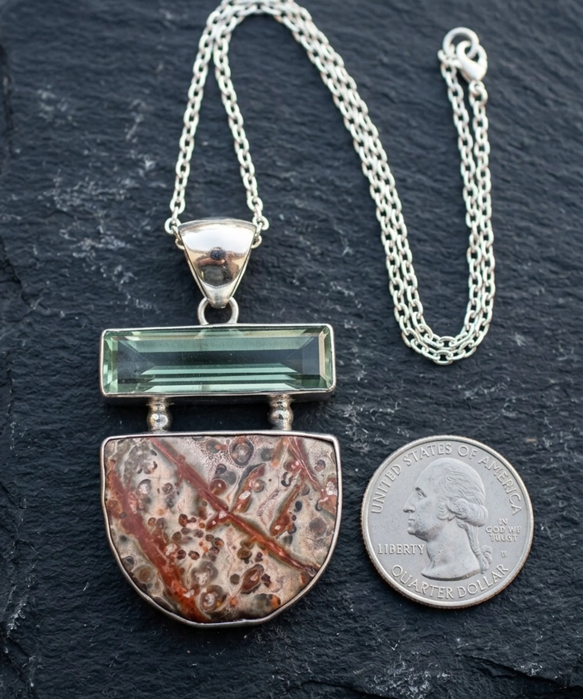 Blue obsidian and jasper statement pendant handcrafted in sterling silver artisan jewelry