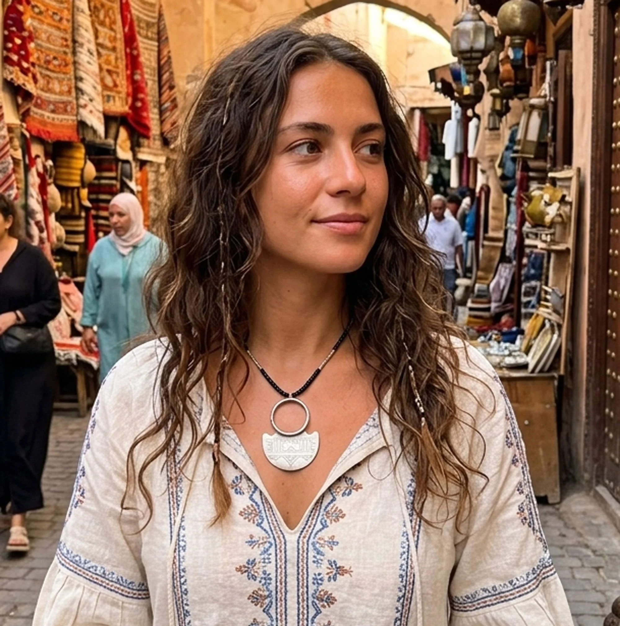 Tuareg-inspired sterling silver artisan necklace with black beaded strand, handcrafted boho statement jewelry.