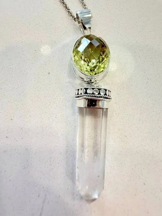 Sterling silver lemon quartz and clear quartz pendant.